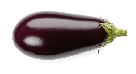 A close-up shot of a glossy, ripe, purple eggplant with green stem, isolated on white