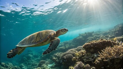 Obraz premium Turtle swimming gracefully underwater through sunlight beams