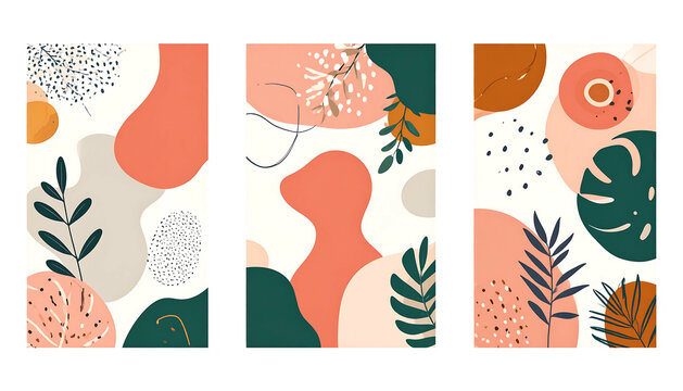 Abstract art 3 panels of organic shapes in coral, tan, and dark green