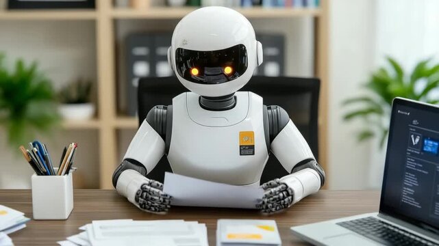 Futuristic humanoid robot analyzing report