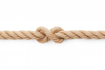Fototapeta premium Twisted jute fiber rope featuring loops and knots against a plain white backdrop