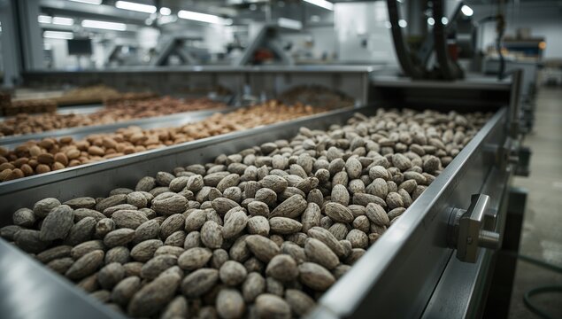 Almonds with shells transported in a conveyor for peeling in a contemporary plant