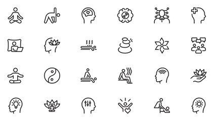 Fototapeta premium Yoga and meditation line icon set. Wellness icon set. Containing massage, yoga, spa, relaxation, health, exercise, diet, wellbeing. Thin outline icons pack. Vector illustration