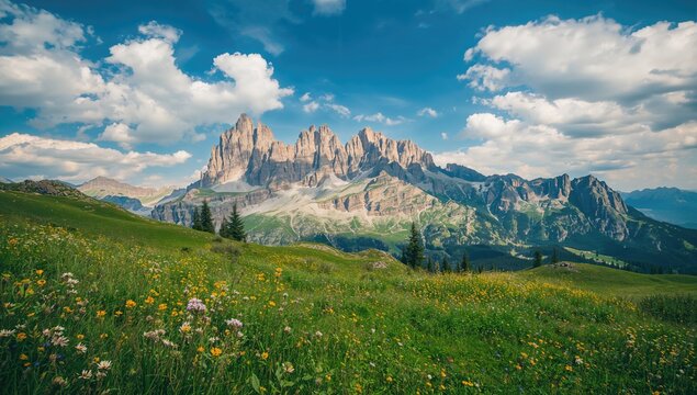 Summer view of the alpine peaks in a northern mountainous region