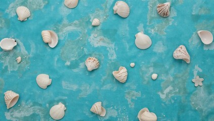Turquoise cloth adorned with seashells, evoking summer and beach vibes
