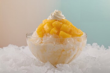 Chilled dessert featuring milk-based shaved ice garnished with ripe mango slices and whipped cream