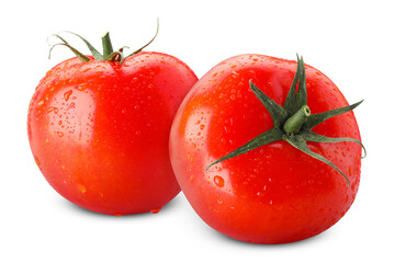 Two fresh red tomatoes with water drops isolated on white