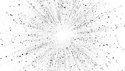 Abstract explosion of particles radiating outwards from a bright center on a white background, creating a dynamic effect