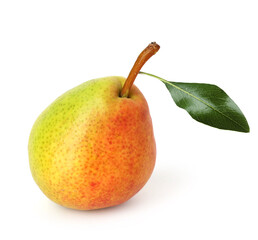 Fresh ripe pear with leaf isolated on white