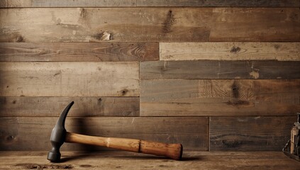 Vintage hammer displayed against a rough wooden backdrop