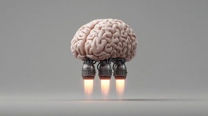 Conceptual image of a brain powered by rocket engines, symbolizing creativity, innovation, and the ignition of new ideas in a futuristic setting.