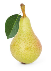 Fresh ripe pear with leaf isolated on white