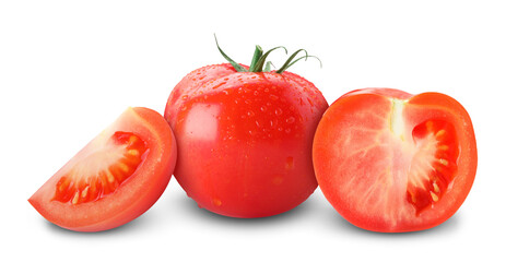 Fresh tomatoes isolated on white. Whole and sliced