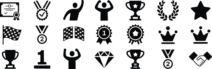 Achievement and reward glyph icon collection, vector black pictograms of trophy, medal, ribbon, crown, podium, certificate, and laurel wreath for success and victory concept illustration