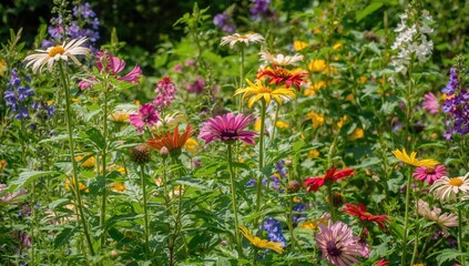 Fototapeta premium In a stunning garden setting, colorful flowers dance softly in the warm summer wind against a rich green backdrop, showcasing nature's vibrant blossoms at their peak.