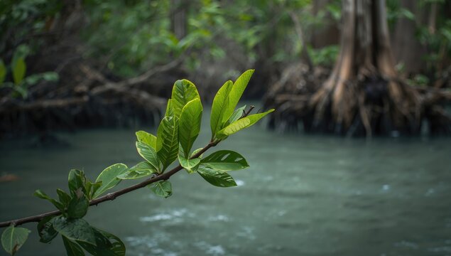 Close-up of Rhizophora Mangrove Leaves Isolated on a Plain Background with Selective Focus