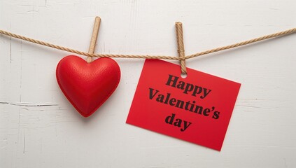 Festive red heart and card with 'Happy Valentines day' message hanging on a string in front of a vintage white backdrop, close-up view. Romantic holiday concept for Valentine's Day.