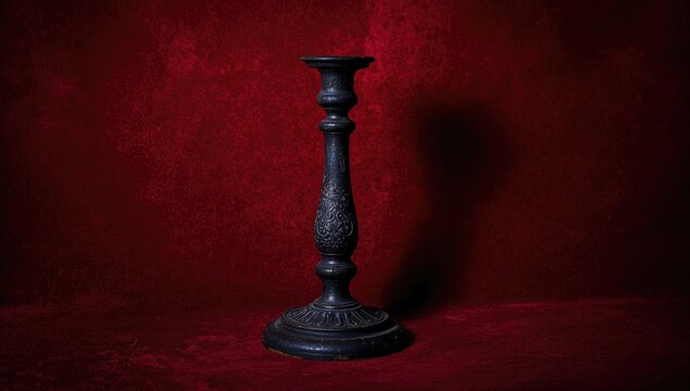 Antique candle stand set against a deep crimson backdrop
