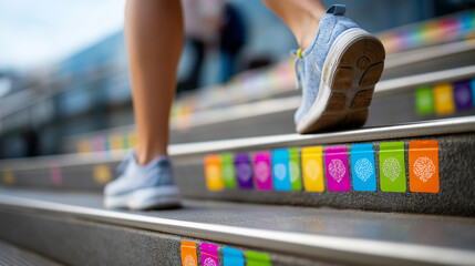 Urban stair challenge, bright motivational stickers, determined stride, city wellness, walking, stairs, fitness, urban, motivation, health, routine, goal, lifestyle, determination,