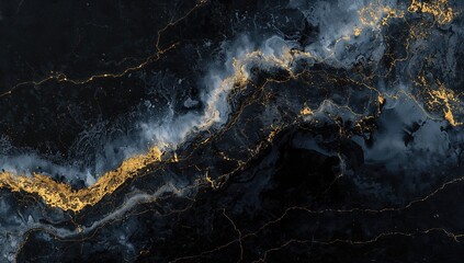 Premium abstract fluid artwork created with alcohol ink, blending deep blue, gray, and shimmering gold hues. Resembles a marble slab with radiant golden streaks. Soft and delicate design.