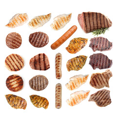 Grilled meat and sausages isolated on white, set