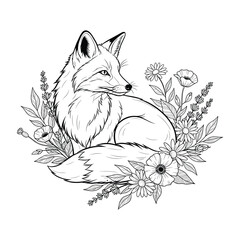 Fox Sitting in Flowers and Leaves Outline Vector floral