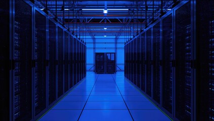 Server room housing control modules and racks illuminated by blue lights