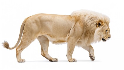 Obraz premium Profile of a 10-year-old Panthera Leo strolling with head lowered against a white backdrop