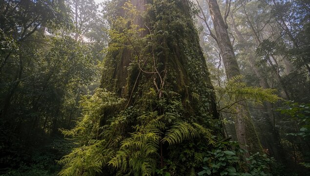 Resurrection ferns enveloping the bark of a towering tree in a pristine rainforest