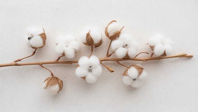 Raw textile fibers in fluffy flower clusters on a branch, white background