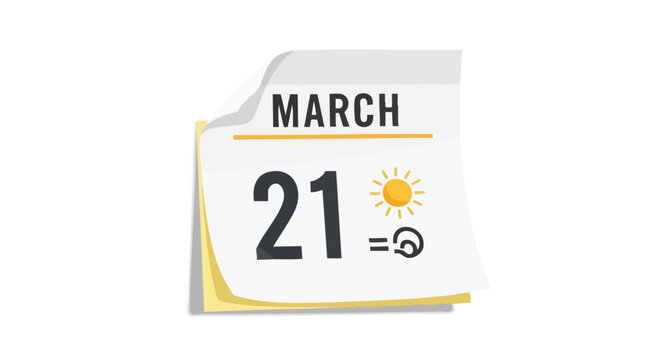 March 21st calendar page illustration portraying spring equinox with sun and equals sign with flower representing new beginnings
