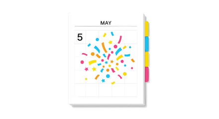 Festive May 5th Calendar Page with Confetti Burst Displaying Holiday or Special Occasion Celebration Reminder Visualized