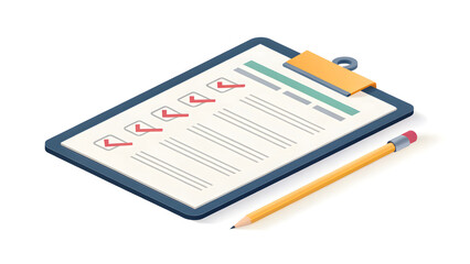 3D Isometric Icon – Clipboard with Checklist and Pencil isolated on White Background