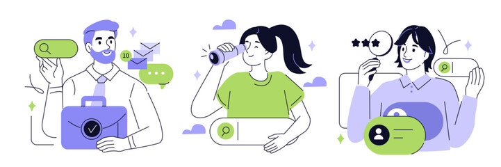 Job search and recruitment. Collection of characters looking for a new vacancy, applying for positions, interviews. HR process, career growth vector illustration.