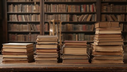 Obraz premium Piles of vintage books on a wooden table inside a classic library. Historical and educational themes with a retro atmosphere.