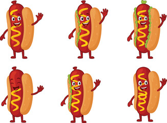 Cartoon hot dog character illustration set, expressive faces with mustard, waving hands, and playful poses, food theme, vector clipart, design asset