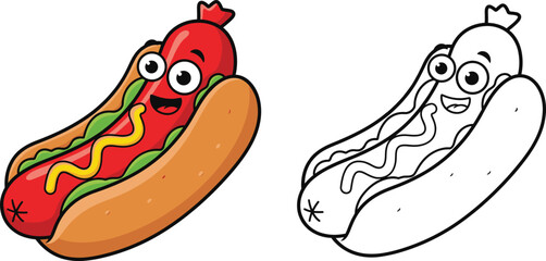 Cartoon hot dog character illustration set, full-color and outline versions, expressive face with mustard and relish, food theme, vector clipart, design asset