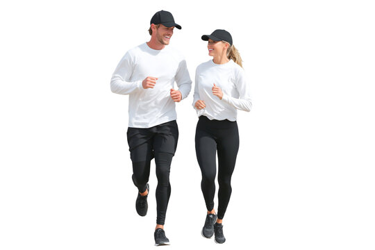 Happy couple running together wearing athletic clothing isolated on transparent background