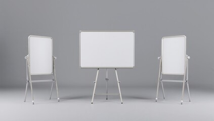 Fototapeta premium Three empty whiteboards alongside a blank directional sign.