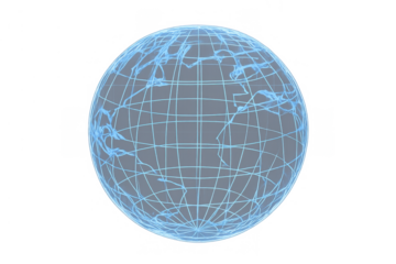 Digital world map on a glowing blue grid globe representing global communication and networking with transparent background