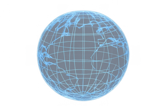 Digital world map on a glowing blue grid globe representing global communication and networking with transparent background