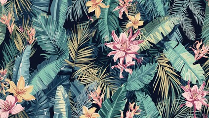 Exotic tropical seamless design featuring pastel banana leaves, palm, and colocasia in a hand-drawn 3D style. Dark vintage luxury pattern ideal for fabric, wallpaper, and clothing prints.