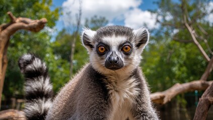 Obraz premium Portrait of a cute ring-tailed lemur in a natural forest setting
