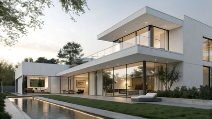 Modern Villa Exterior with Clean Geometry and White Concrete Facade