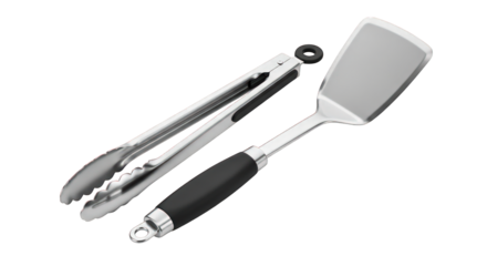 Spatula and tongs on transparent background