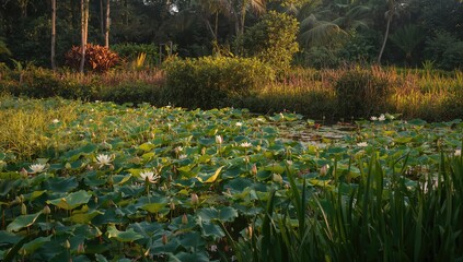 Obraz premium Lush aquatic scenery featuring lotus and water plants in a tropical setting