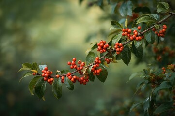 Obraz premium Viburnum branch with clusters of red and orange berries surrounded by lush green leaves