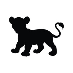 Silhouette of a young lion cub walking with a curly tail up, lion cub playing silhouette vector illustration