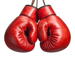  Pair of Classic Red Boxing Gloves Hanging by Laces, isolated on transparent background