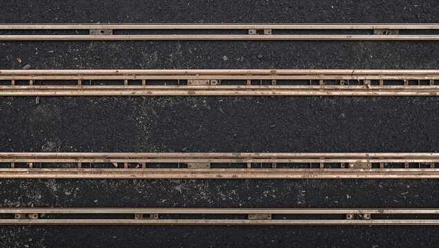 Vintage electric slot car tracks with rusty metal rails on black asphalt, showing signs of wear and broken pieces.